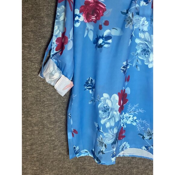 Floral Blue Half Button Roll Tab Sleeve Top Women  XXL - Picture 3 of 9